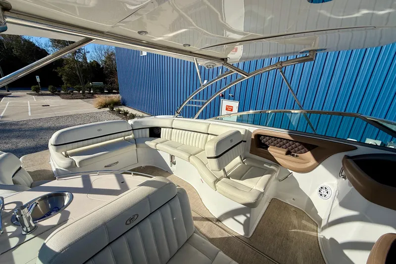 Slide: The Image of Luxurious interior of a 2018 Cobalt R35 boat with plush seating and modern design. - 8