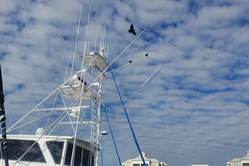 Slide: The Image of 1995 Viking 58 Convertible yacht with birds perched on antennas against a cloudy sky. - 8