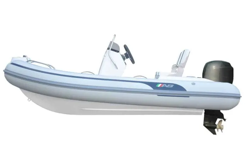 Slide: The Image of 2024 AB Inflatables Oceanus 12 VST boat, side view, white and blue design. - 2