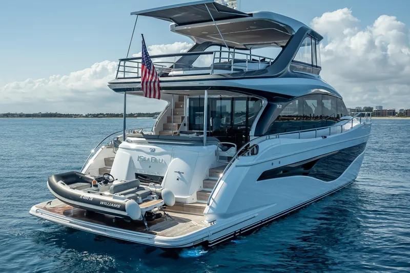 Slide: The Image of Luxurious 2023 Princess Y72 yacht on open water, featuring sleek design and American flag. - 6
