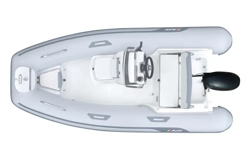 Slide: The Image of 2024 AB Inflatables Oceanus 13 VST with Yamaha 60HP, sleek white design, docked outdoors. - 3