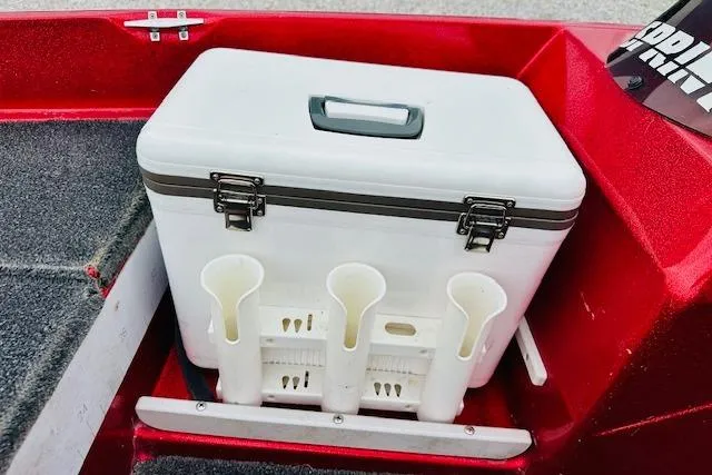 Slide: The Image of White cooler with rod holders on red Sprint 267 boat, 1997 model. - 19