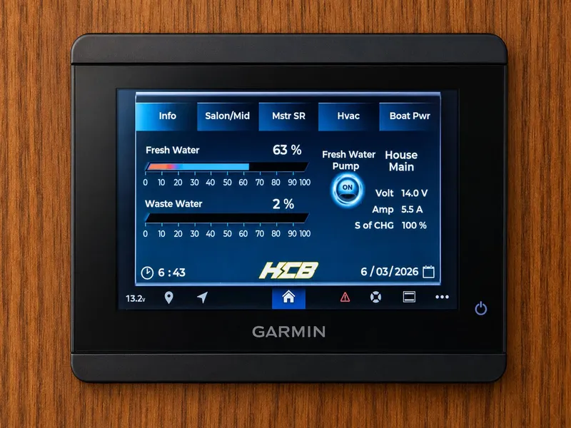 Slide: The Image of Garmin screen displaying water levels and power data on an HCB 56 GIX boat. - 30