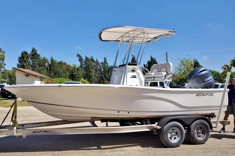 The Image of 2019 Sea Fox 200 Viper boat on trailer, featuring Yamaha outboard motor. - 0