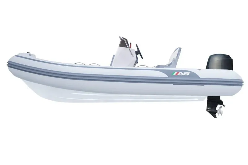 Slide: The Image of 2024 AB Inflatables Oceanus 14 VST boat, side view, white and gray design. - 2