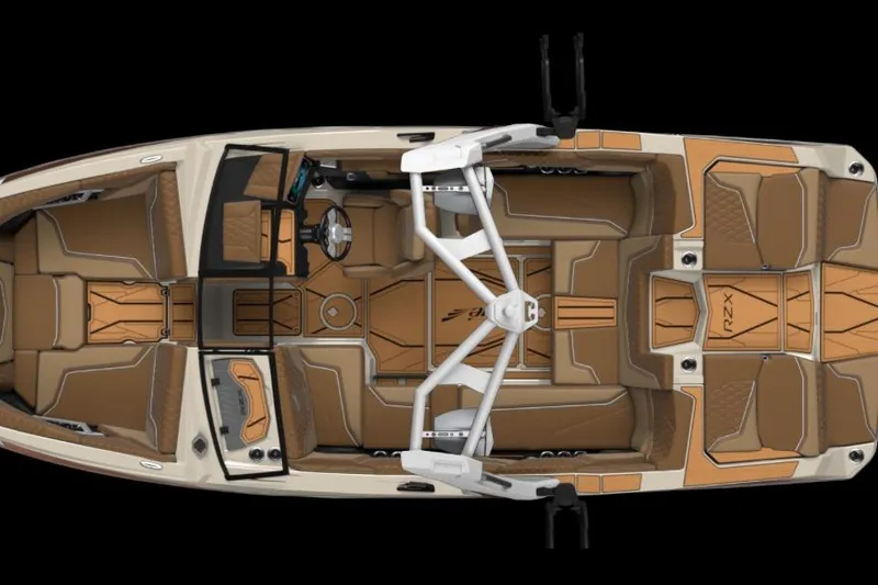 Slide: The Image of Top view of 2026 Tigé 22RZX boat with luxurious brown interior design. - 10