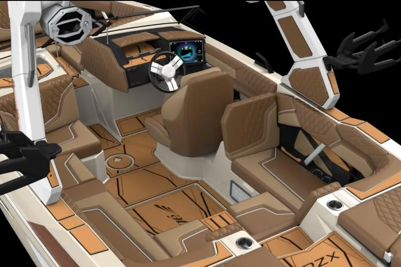 Slide: The Image of 2026 Tigé 22RZX boat interior with brown seating, modern dashboard, and sleek design. - 12