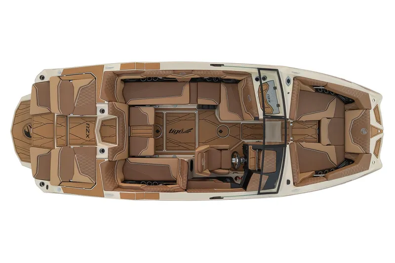 Slide: The Image of Manufacturer Provided Image: 2026 Tigé 22RZX boat interior, top view, featuring luxurious brown seating and modern design. - 8