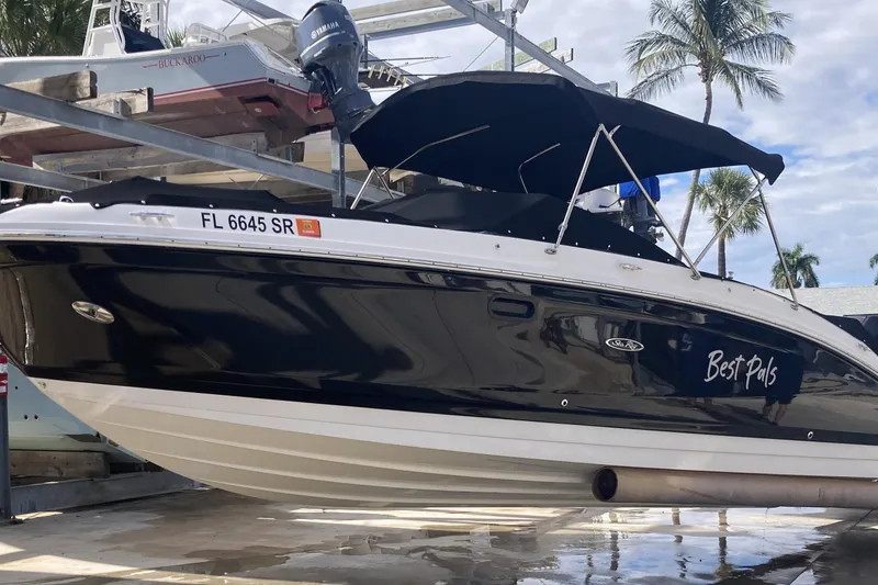 Slide: The Image of 2020 Sea Ray SDX 270 Outboard boat on lift, with palm trees in background. - 2