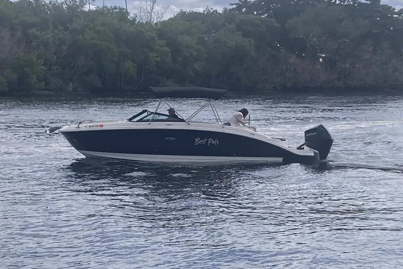 Slide: The Image of 2020 Sea Ray SDX 270 Outboard boat cruising on a calm river. - 4