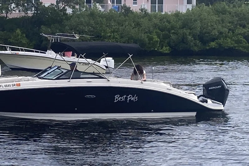 Slide: The Image of 2020 Sea Ray SDX 270 Outboard boat named "Best Pals" on the water. - 7