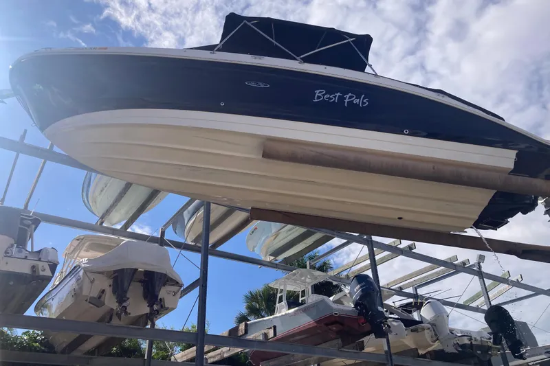Slide: The Image of 2020 Sea Ray SDX 270 Outboard boat named "Best Pals" on a storage rack. - 9