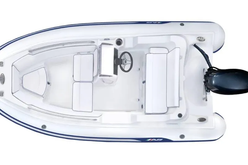 Slide: The Image of 2024 AB Inflatables Nautilus 12 DLX boat, top view, white with blue accents. - 8