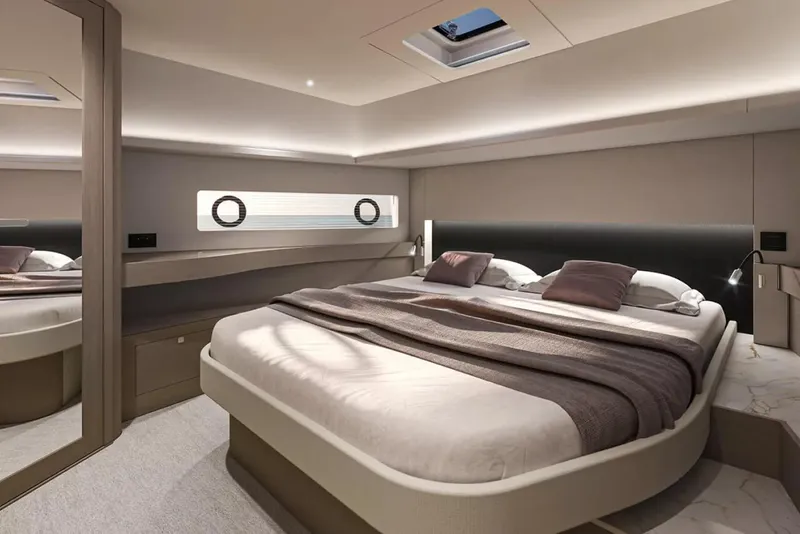 Slide: The Image of Luxurious bedroom interior of 2026 Beneteau Gran Turismo 50 yacht, featuring modern design and cozy ambiance. - 13
