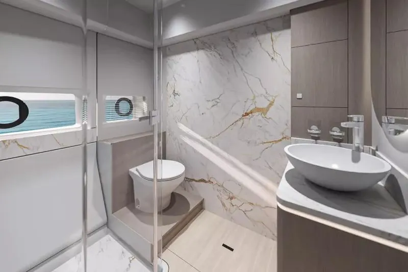 Slide: The Image of Luxurious bathroom in 2026 Beneteau Gran Turismo 50 yacht with marble accents. - 9