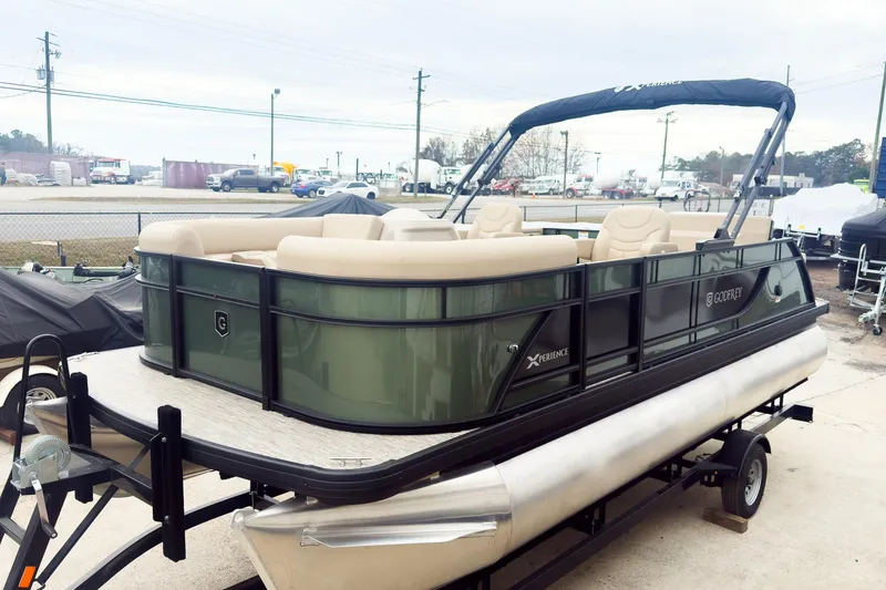 Slide: The Image of 2026 Godfrey Sweetwater Xperience 20' pontoon boat with single flip lounge, on trailer. - 2