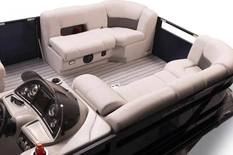 Slide: The Image of Manufacturer Provided Image: 2022 SunCatcher Fusion 324SS boat interior with plush seating and modern dashboard. - 17