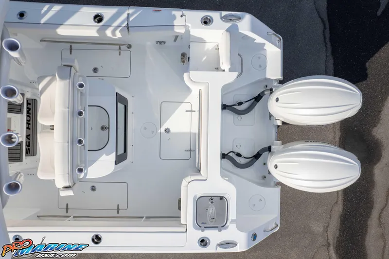 Slide: The Image of Overhead view of 2026 Sea Hunt Gamefish 25 boat with dual engines. - 40