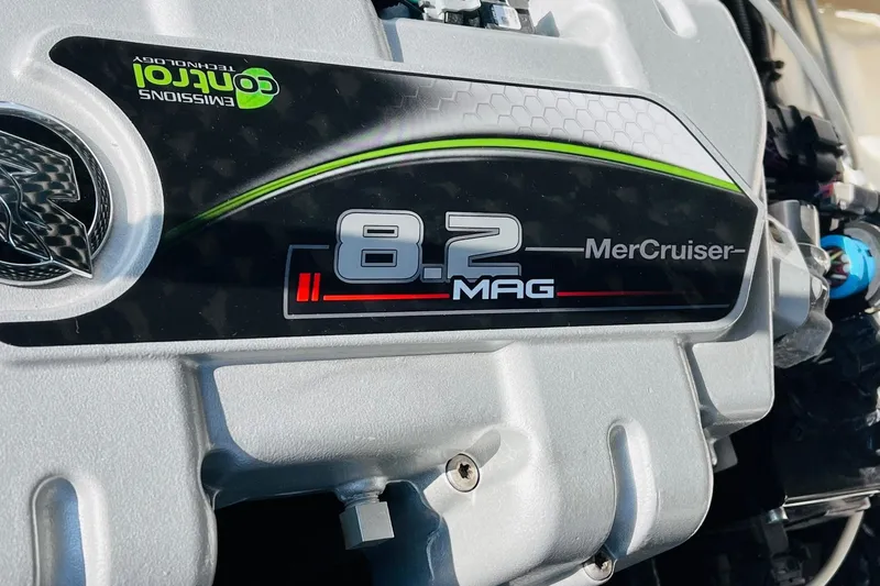 Slide: The Image of Close-up of a 2019 Bryant POTENZA 270 engine, featuring 8.2 MAG MerCruiser label. - 55