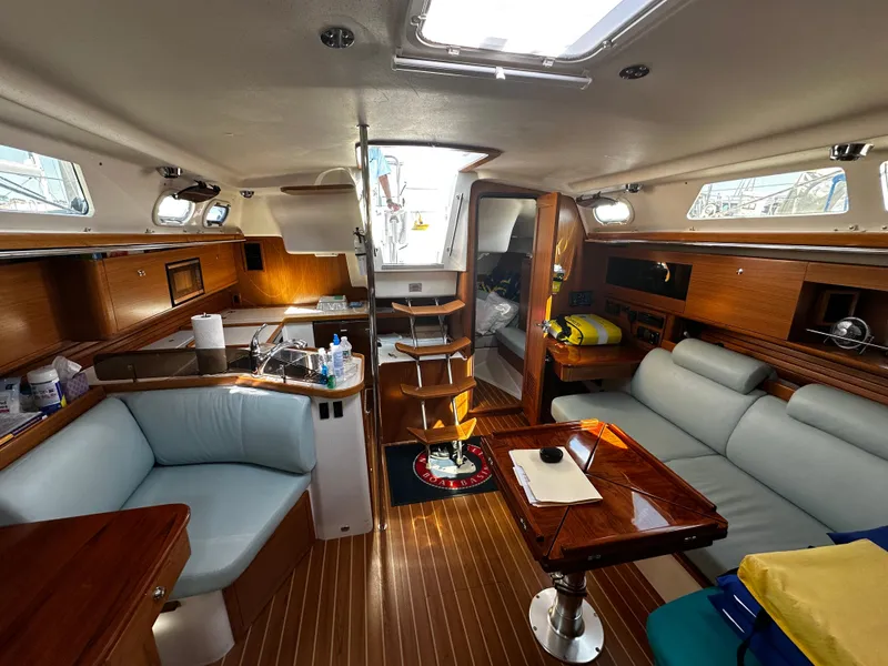 Slide: The Image of Interior of a 2017 Catalina 385 yacht with wooden furnishings. - 3