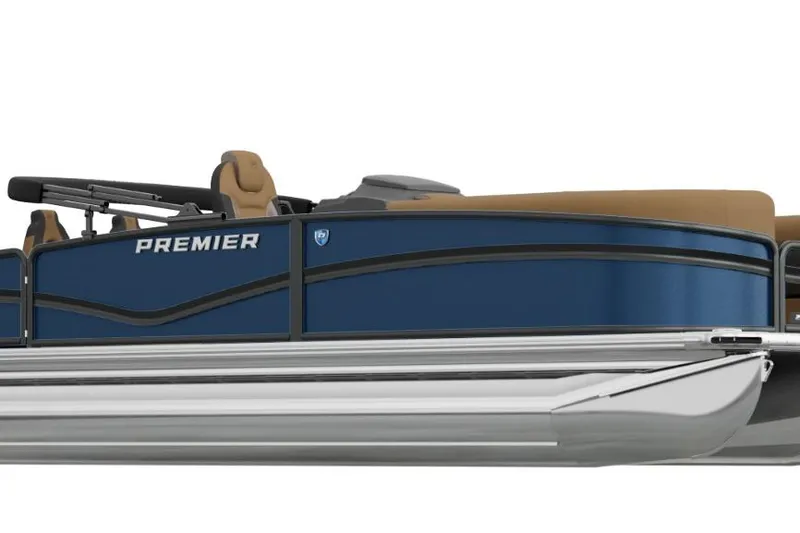 The Image of 2026 Premier 250 Solaris RS pontoon boat, blue exterior, sleek design, luxury seating. - 1