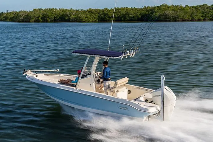 Slide: The Image of Manufacturer Provided Image: 2026 Boston Whaler 220 Dauntless cruising on a serene lake with lush greenery. - 21
