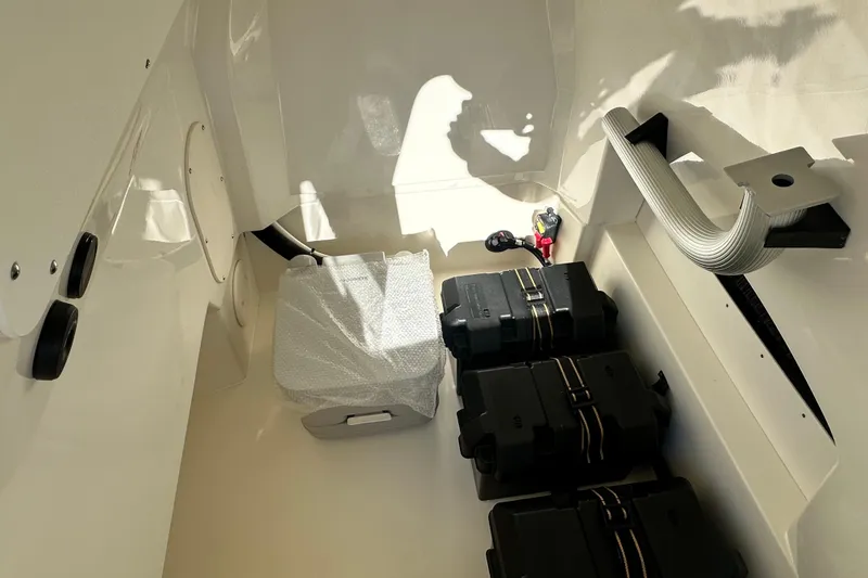 Slide: The Image of Interior of 2026 Boston Whaler 250 Dauntless with batteries. - 16