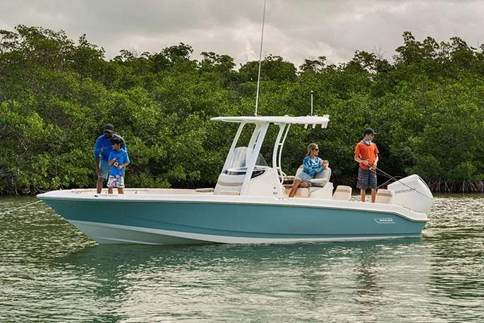 Slide: The Image of Manufacturer Provided Image: 2026 Boston Whaler 250 Dauntless boat on water with people fishing, surrounded by lush greenery. - 18