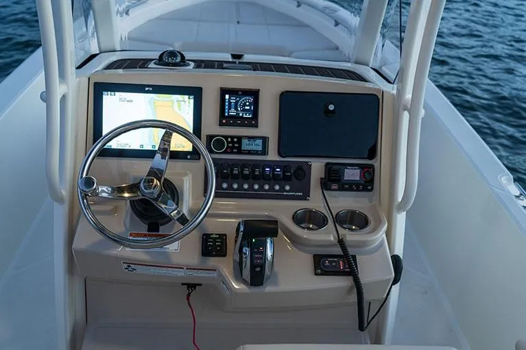 Slide: The Image of Steering console of the 2026 Boston Whaler 250 Dauntless. - 7