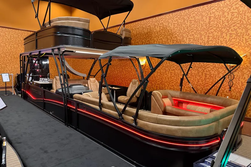 The Image of 2026 Premier 330 Escalante UD pontoon boat with luxurious seating and canopy display. - 0