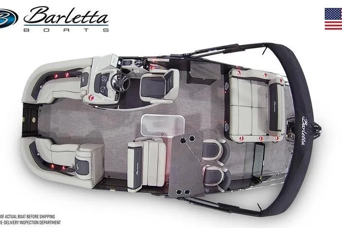 Slide: The Image of 2026 Barletta Cabrio 24UE pontoon boat interior with seating and helm, top view. - 4