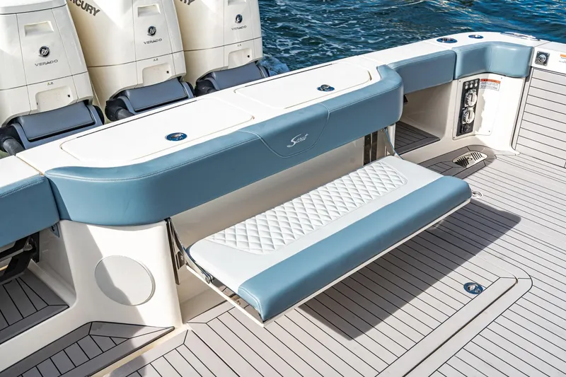 Slide: The Image of 2023 Scout 530 LXF boat with foldable seating and Mercury Verado engines. - 40