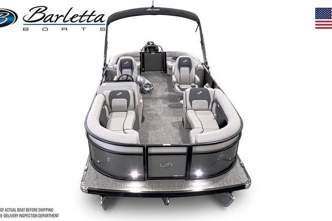 Slide: The Image of 2025 Barletta ARIA 22QC pontoon boats in showroom, featuring sleek design and spacious interiors. - 7