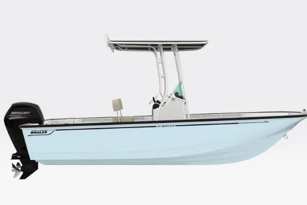 The Image of 2026 Boston Whaler 190 Montauk boat with T-top and Mercury outboard motor. - 1
