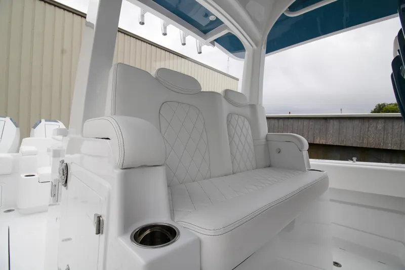 Slide: The Image of 2025 HCB 42 Lujo boat seats with blue and white design. - 18