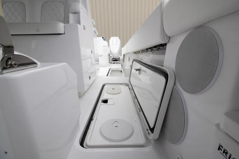 Slide: The Image of 2025 HCB 42 Lujo boat detail showing water access and electrical outlet. - 20