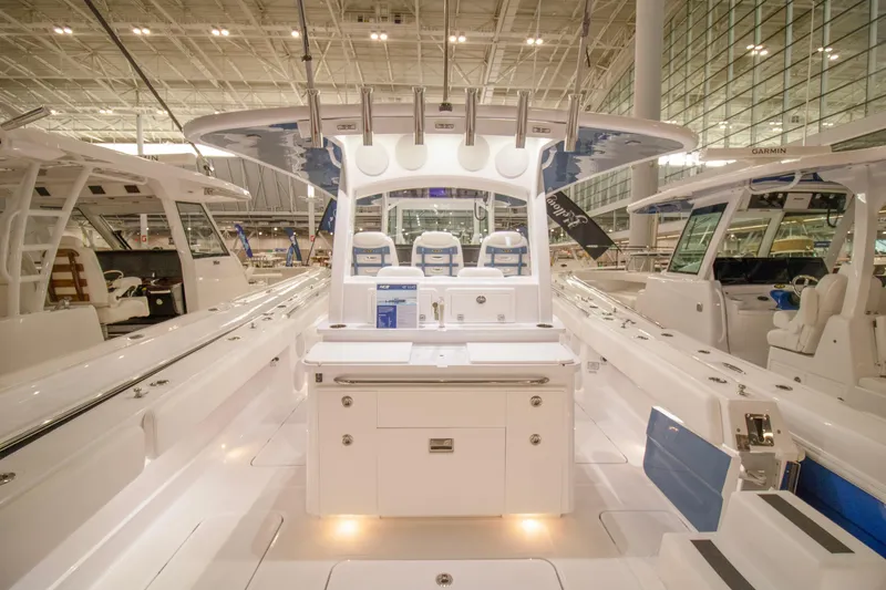 Slide: The Image of Luxurious interior of 2025 HCB 42 Lujo boat with elegant seating and ambient lighting. - 40