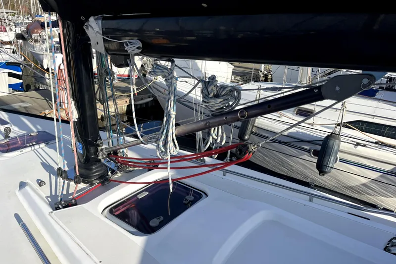 Slide: The Image of Sailboat deck with rigging and ropes, C&C 110 model, 2005, docked at marina. - 30