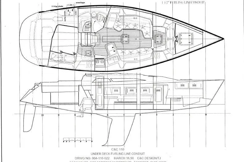 Slide: The Image of Blueprint of 2005 C&C 110 sailboat, showing detailed interior and deck layout. - 4