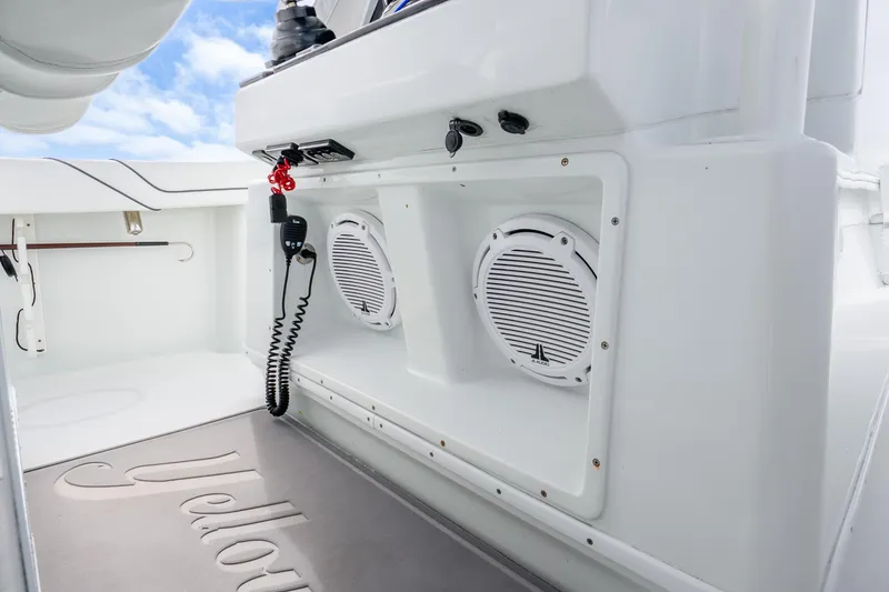 Slide: The Image of 2016 Yellowfin 36 Offshore boat interior with speakers and communication equipment. - 22