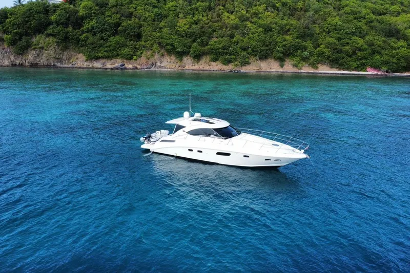 The Image of 2010 Sea Ray 470 Sundancer yacht on clear blue water near lush green coastline. - 1