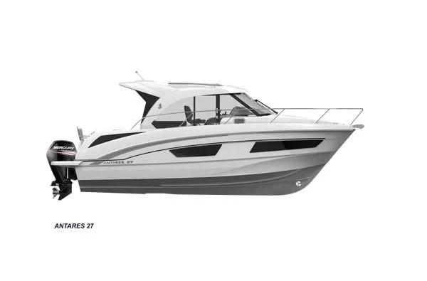 Slide: The Image of 2024 Beneteau Antares 9 motorboat side view with Mercury outboard engine. - 16