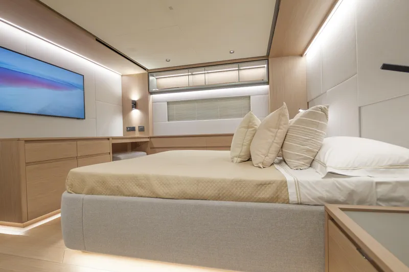 Slide: The Image of Luxurious Pardo Yachts GT75 deck with city skyline view, 2027 model. - 14