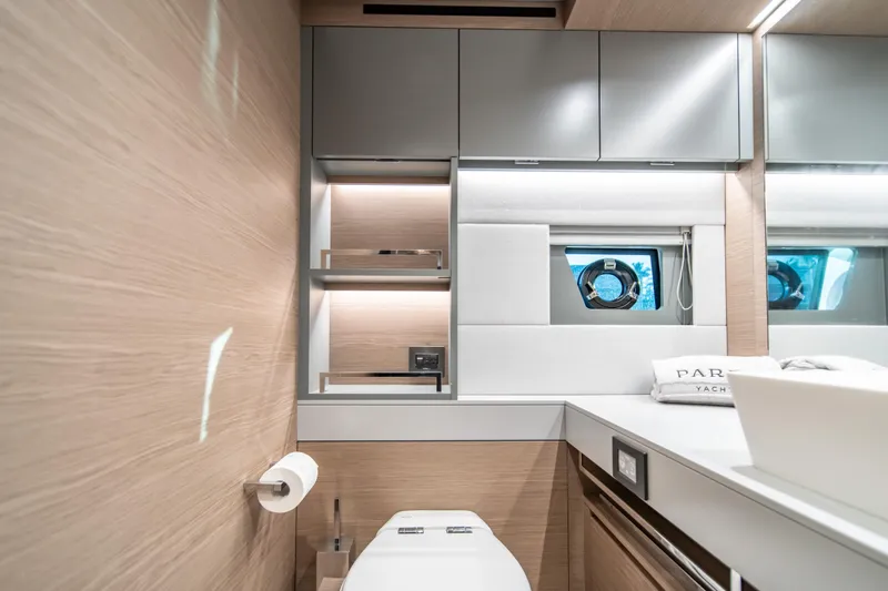 Slide: The Image of Luxurious bathroom interior of 2027 Pardo Yachts GT75 with modern fixtures and elegant design. - 54