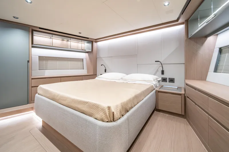 Slide: The Image of Luxurious bedroom interior of 2027 Pardo Yachts GT75, featuring modern design and elegant furnishings. - 59