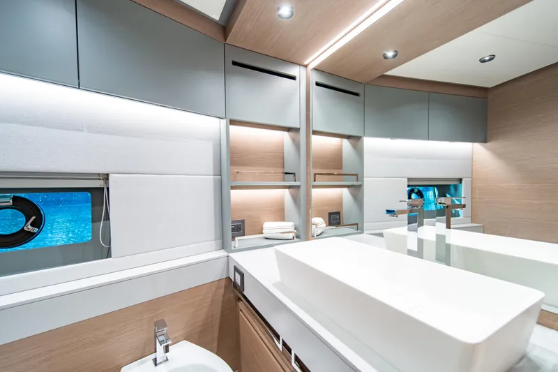 Slide: The Image of Luxurious bathroom interior of 2027 Pardo Yachts GT75, featuring modern fixtures and elegant design. - 64