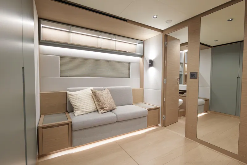 Slide: The Image of Luxurious interior of 2027 Pardo Yachts GT75 with panoramic windows and elegant seating. - 19