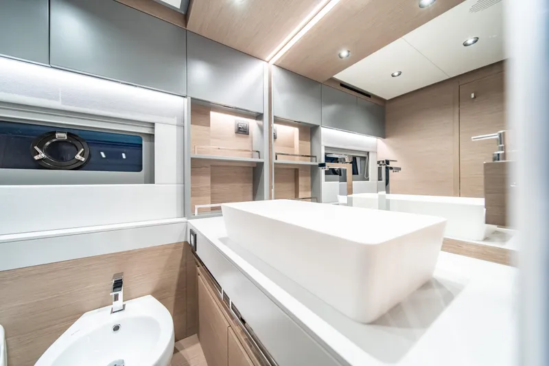 Slide: The Image of Luxurious bathroom interior of 2027 Pardo Yachts GT75, featuring modern fixtures and sleek design. - 49