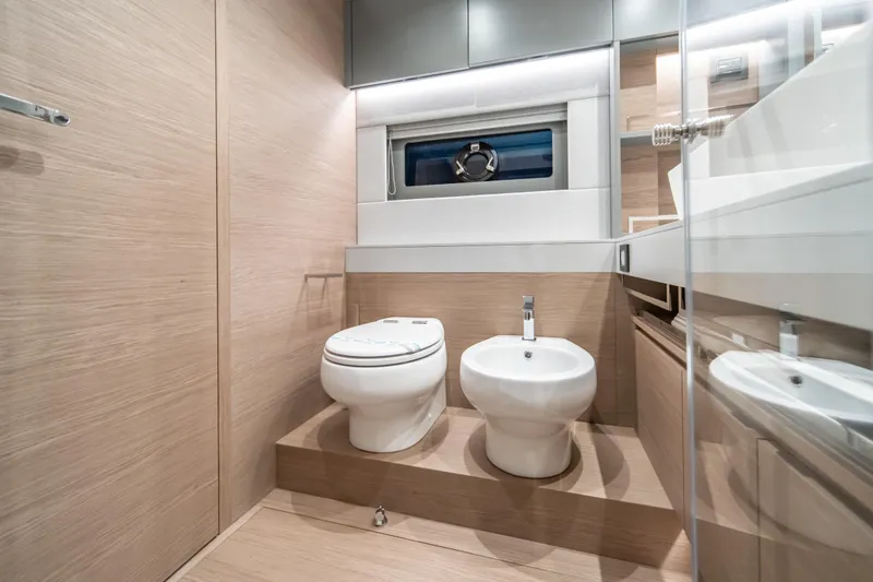 Slide: The Image of Luxurious bathroom in 2027 Pardo Yachts GT75, featuring modern fixtures and sleek design. - 50
