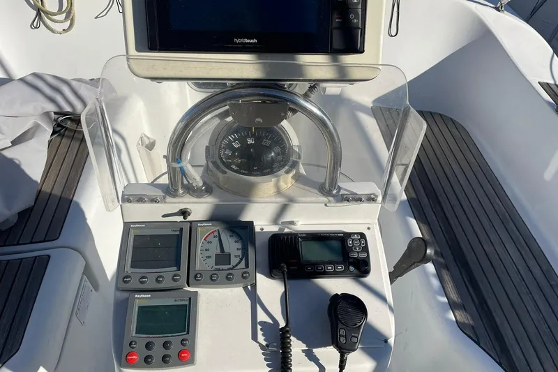 Slide: The Image of Cockpit of 2000 Beneteau Oceanis 361 sailboat with navigation instruments and compass. - 1
